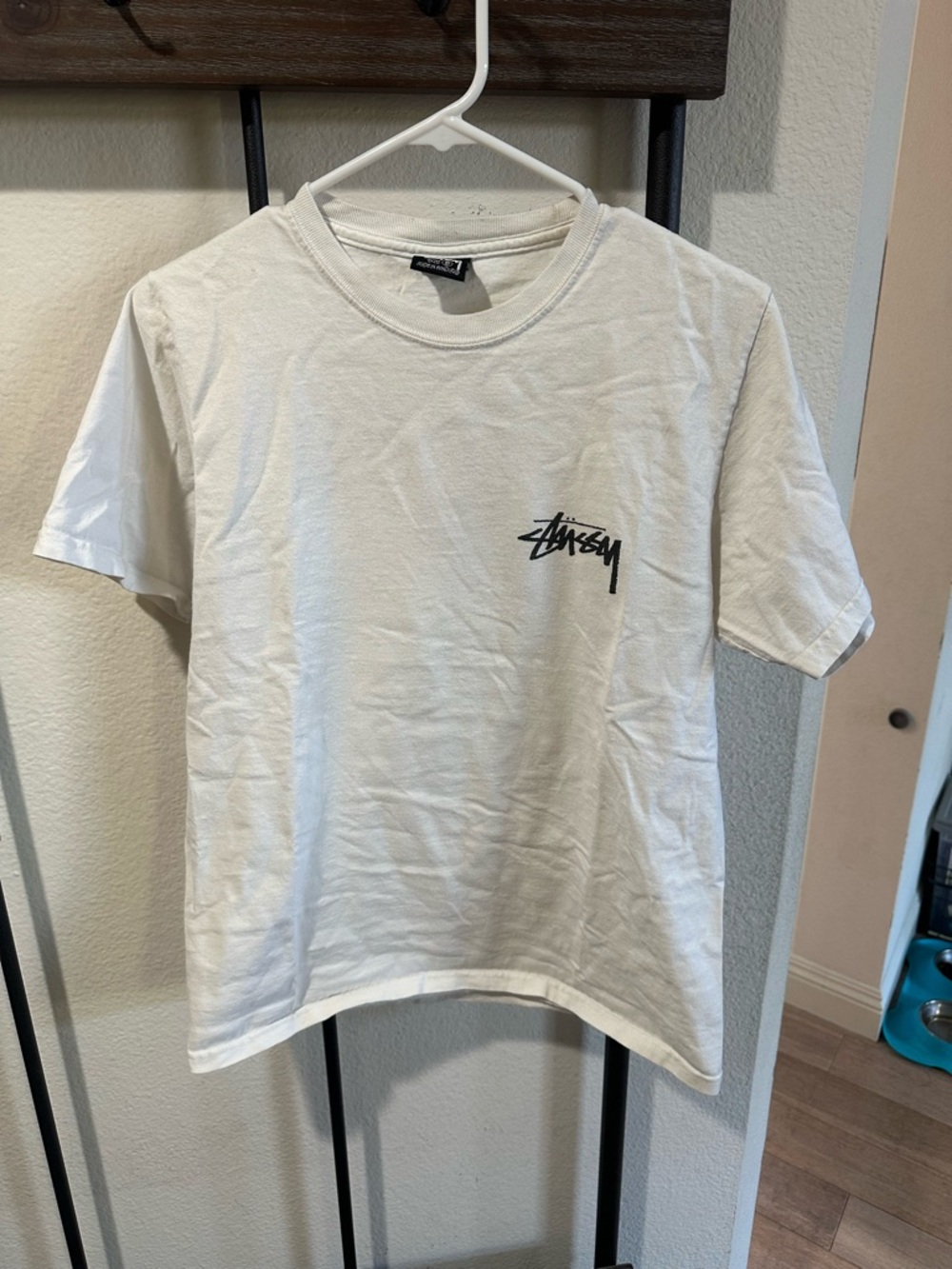 Stussy White Short Sleeve Tee with Black Script Logo